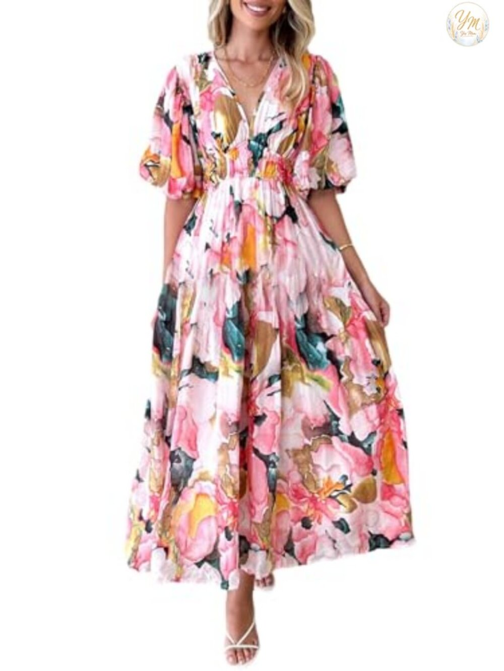 Floral Maxi Dress with V-Neck Short Sleeve Wedding Guest